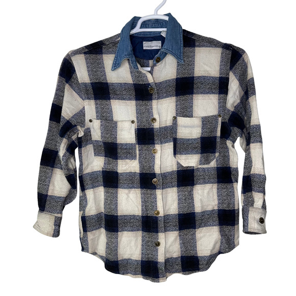 VTG Paris Sport Club Shirt Women Small Plaid Denim Collar Button Up‎ Shacket 90s - Picture 1 of 8
